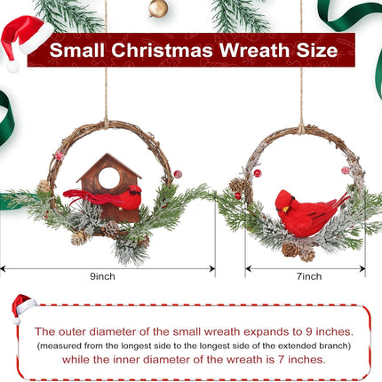 2pcs Small Christmas Wreath with Cardinal, 9-inch Mini Wreaths for Cabinets, Cabinet Wreaths for Kitchen Christmas, Wreaths for Windows (Cardinal)