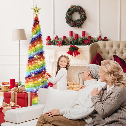 5FT Pop Up Christmas Tree with LED Lights and Tree Topper- Collapsible Artificial Tinsel Pencil Christmas Tree, Skinny Xmas Tree for Indoor Home Apartment Porch Holiday Party Decorations(Rainbow)
