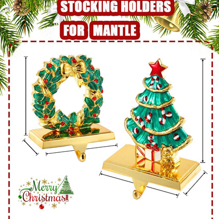 Christmas Tree Stocking Holders for Mantel ,Christmas Wreath Stocking Hangers for Fireplace Mantel Weighted Stocking Hooks Metal Tree Stocking Holder Stand for Christmas Decoration (Gold Tree Set)