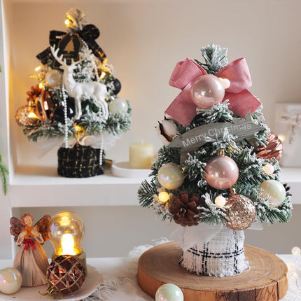 Small Christmas Tree Mini Tabletop Snowy Artificial Xmas Pine Trees with Wooden Base Decorative Ornaments Balls Festive DIY Desk Table Decoration Cute Warm Present (Black)