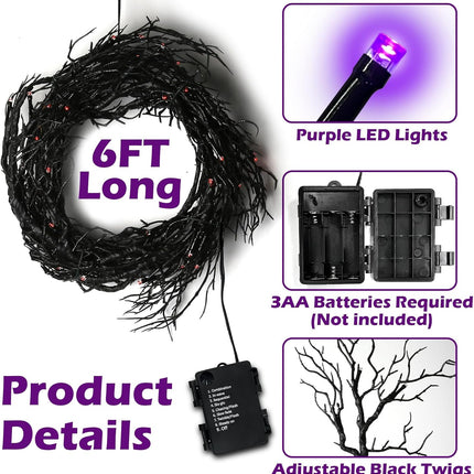 [8 Modes & Timer] 6 Ft 45 LED Halloween Willow Vine Twig Decor Garland Decorations with Purple Lights, Halloween Garland with Battery Operated Waterproof for Home Wall Fireplace Mantle Decorations