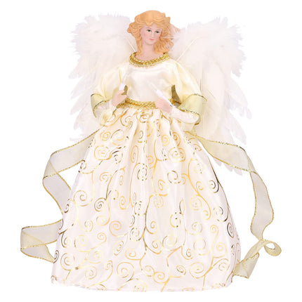 HOHOTIME 12'' Angel Tree Topper with White Feather Wings and Gold Skirt, Christmas Tree Topper with LED Light for Tree Toppers Holiday Ornament Decorations, Gold