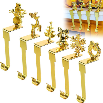 Christmas Stocking Holders - Set of 6 Snowflake, Reindeer, Tree, Snowman, Bell & Wreath for Mantel Decoration Silver Gold