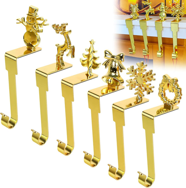 Christmas Stocking Holders - Set of 6 Snowflake, Reindeer, Tree, Snowman, Bell & Wreath for Mantel Decoration Silver Gold