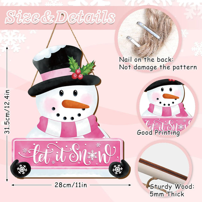Whaline Christmas Winter Snowman Wooden Hanging Sign Pink Let It Snow Door Hanger Sign Snowman Front Door Decor Xmas Winter Welcome Wreath Sign for Indoor Outdoor Home Farmhouse Wall Window Decor
