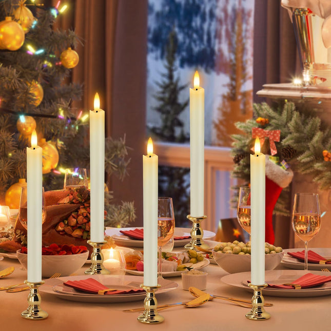 HINZER 6 Pcs Flameless Taper Candles with Remote & Timer, 9.6'' Battery Operated Candles Real Wax LED Warm 3D Wick Flickering Candles for Christmas Halloween Window Wedding Decor, Ivory