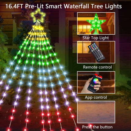 16.4FT Christmas Tree Decoration - 315 LEDs Customizable Star Waterfall Tree Lights with Remote, Timer, App Control Christmas Tree Lights with Music Sync for Xmas Yard Garden Party