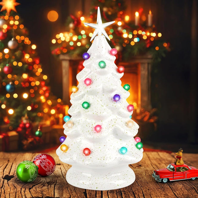 Lighted Ceramic Christmas Tree Vintage Tabletop Christmas Decoration, Maansfy White Christmas Tree with Multi Color Lights Decorative Tabletop Figurine, 12 Inches