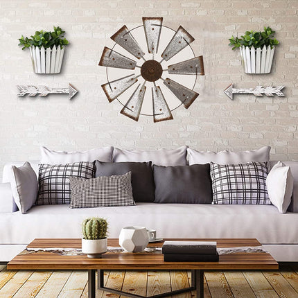 Glitzhome 22" Farmhouse Galvanized Windmill Wall Sculpture Home Decor Rustic Metal Rustic Wall Art Decoration, Silver