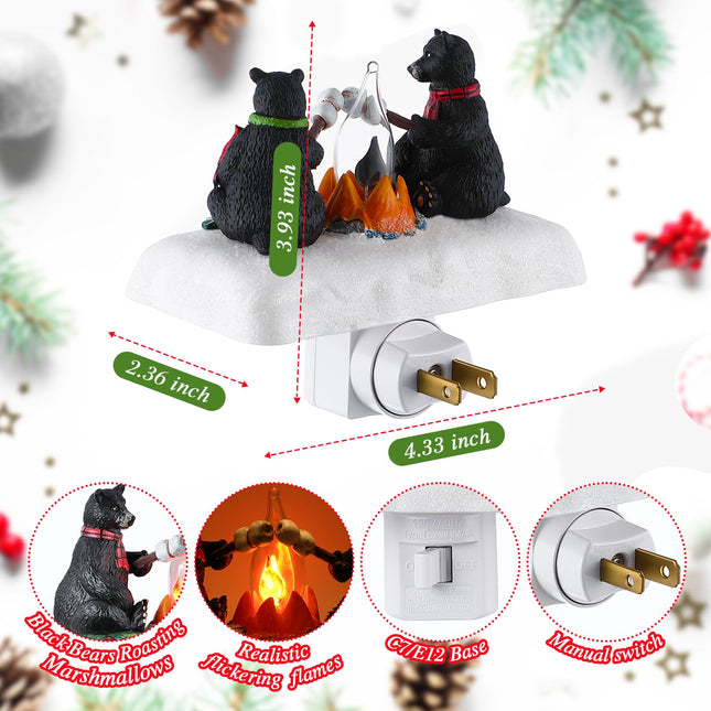 Hiboom Christmas Plug in Night Light, Features 2 Cute Black Bears Roasting Marshmallows by a Flickering Campfire, E12 Base Socket Vintage Christmas Plug in Night Lights for Christmas Decorations
