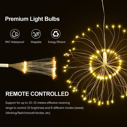 Firework Lights, 8 Pack LED Copper Wire Fireworks Lights Fairy Lights Christmas Fireworks Hanging Dimmable String 8 Modes Waterproof with Remote Control for Christmas Wedding Garden