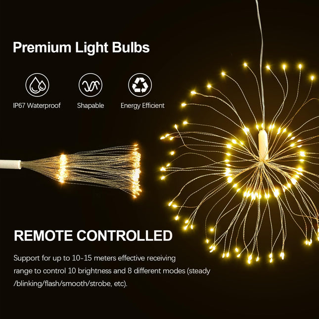 Firework Lights, 8 Pack LED Copper Wire Fireworks Lights Fairy Lights Christmas Fireworks Hanging Dimmable String 8 Modes Waterproof with Remote Control for Christmas Wedding Garden