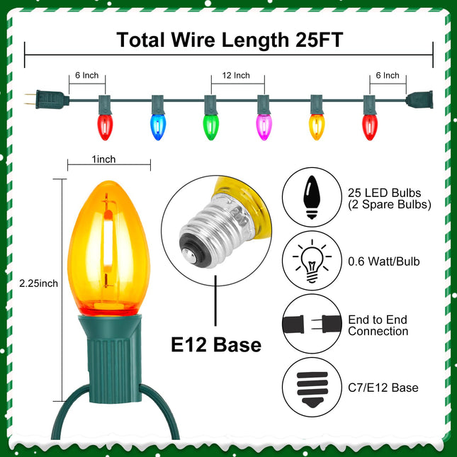 C7 Christmas Lights, 25ft Vintage Christmas Outdoor String Lights with 26 LED Clear colored christmas lights, Connectable Waterproof Light String for Christmas Party Yard Porch Decoration, Green Wire