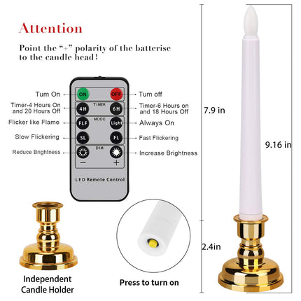 POWER Flameless Window Candles with Gold Candle Bases, Battery Operated Taper Candle with 4H/6H Daily Timer, Remote Window Candle with Unique Flame