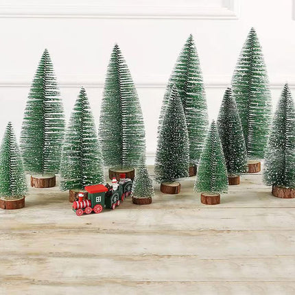2pcs 12inch Mini Christmas Tree Bottle Brush Trees Chrismas Village Trees Ornaments Mini Plastic Christmas Trees with Wooden Base for Christmas Decoration Miniature Chrismas Tree (12inch 2pcs)