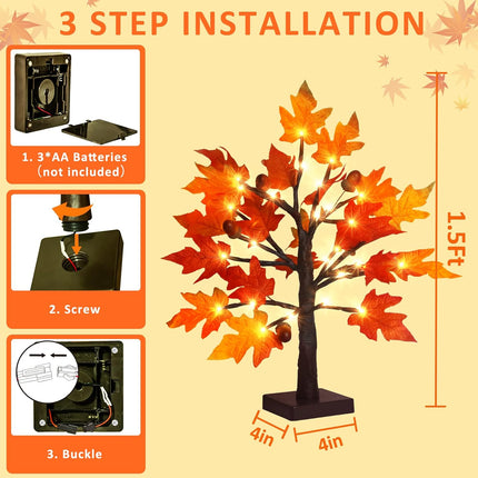 Remon 2Pack Artificial Fall Lighted Maple Tree - 1.5FT 36 LED Thanksgiving Decor Lights, Battery Operated Tabletop Lamp with 6 Acorns, 6-Hours Timer, for Wedding Party Indoor Outdoor Autumn Decor…