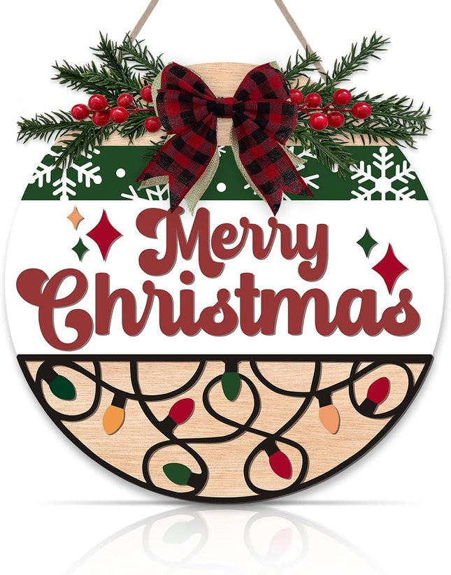 OLMIXA Merry Christmas Wreath Wooden Sign (12x12 inch), Bright Christmas Welcome Front Door Hanger, Xmas Winter Holiday Decorative Signs for Farmhouse Garden Porch Decor