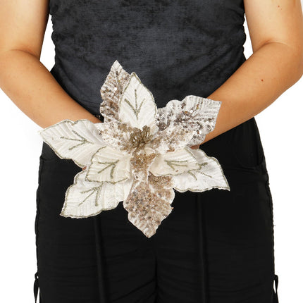 GL-Turelifes 10.7’’ Large Glitter Christmas Flowers 6 Pcs Artificial Poinsettia Flower Ornaments Fold Floral for Christmas Tree Decorations Xmas Tree Year Wedding Centerpiece (Cream White)