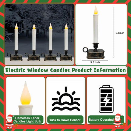 4 Pack Battery-Operated LED Window Candles, 9 Inch Flameless Taper Christmas Window Candles Lights with Dusk-to-Dawn Sensor for Christmas Window, Mantel, Dining Table, Bronze Base Holders