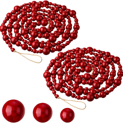 2 Pcs/ 16.4 Feet Christmas Wood Bead Garland Rustic Christmas Wooden Beads Decorative Christmas Tree Wood Beaded Garland Decor Farmhouse Boho Ornaments for Christmas Decoration Supplies (Dark Red)