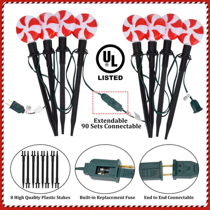 C9 Christmas Pathway Lights Outdoor - 7FT Christmas String Light with 4 Lollipop LED Marker Lights, Red and White Christmas Candy Landscape Lights for Garden Lawn Party Decor - 2 Pack