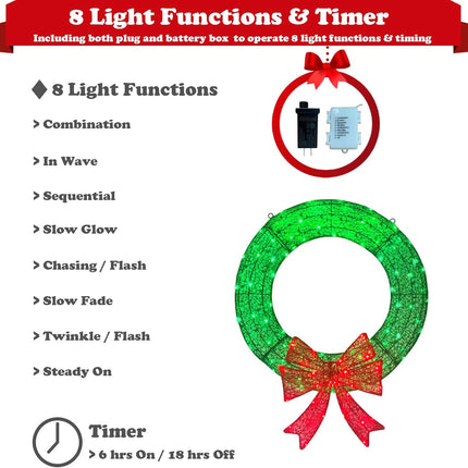 Lighted Christmas Wreath Outdoor Decorations, 24in Small Christmas Wreath 110 Lights with 8 Flashing Effects, Prelit Wreath Plug-in and Battery Operated with Timer for Door, Window, Garage-Green