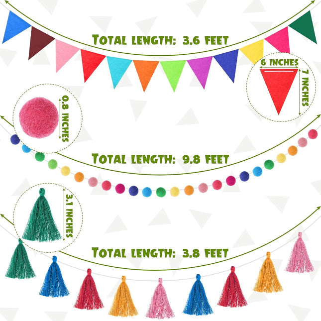 9.8 Feet Pom Pom Garland Rainbow Felt Fabric Garland Set Colorful Tassel for Classroom 3.6 Feet Felt Pennant Banner for Classroom School Christmas Home Birthday Party(Multicolor)