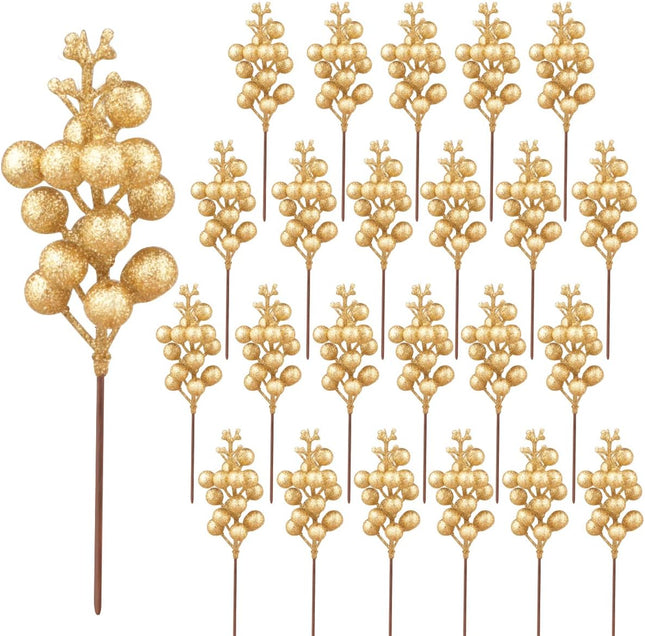 24 Pack Glitter Gold Berry Stems,Artificial Glitter Gold Berry Picks Holly Red Berries Branches Christmas Berry Stem Picks for Christmas Tree Wedding Holiday Season Winter Home Decoration(19 CM )