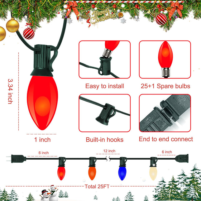 Vintage C9 LED Christmas Lights Outdoor Multicolor, 25 Feet C9 Christmas Decorations String Lights with 26 Ceramic Colorful LED Bulb for Christmas Tree Roofline Holiday Party Garden Pathway Xmas