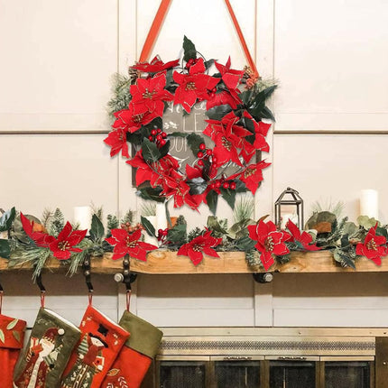 Christmas Garland, Poinsettia Christmas Flowers Decorations Garland, Artificial Flowers Garland with Red Berries Holly Leaves, Christmas Tree Decor Xmas Party Fireplace Wall Garden Decor, Pack of 2