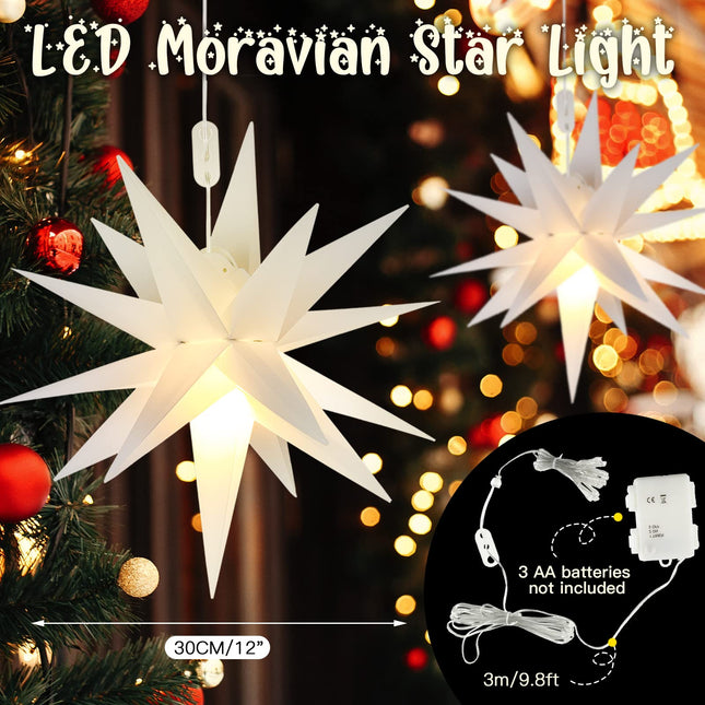 Kingdder 4 Pieces Moravian Star Light LED 3D Star Hanging Light Powered by Battery with Timer Function White Porch Light Holiday Decor for Indoor Outdoor Christmas Trees Balconies Courtyards (12 Inch)