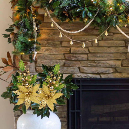 2PCS Christmas Tree Picks Gold Christmas Floral Pick 19.7" Christmas Stems with Ornaments Glitter Leaves Berries Artificial Poinsettia for Xmas Tree Filler Branches Garland Wreath Centerpieces Decor