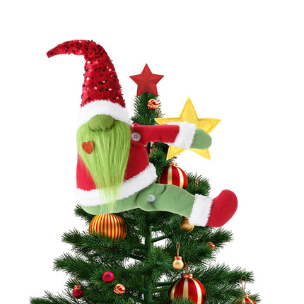 Christmas Tree Toppers Green Gnome Christmas Decorations with Star Unique Funny Christmas Tree Topper Plush Stuffed Gnome Ornaments Xmas Tree Decor for Wine Bottle Curtain