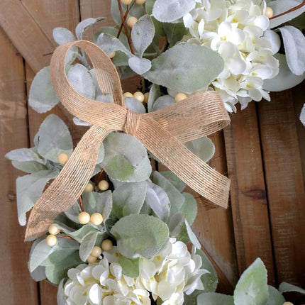Idyllic 20 Inch Lambs Ears Leaves Everyday Wreath with Ivory Hydrangea and Cream Berries, Spring Summer Greenery Wreath with Burlap Ribbon Bow Knot for Doors, Rustic and Farmhouse Style Home Decor