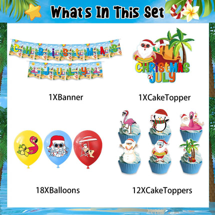 32 Pieces July Christmas Party Supplies Including Tropical Christmas Party Banner July Summer Latex Balloon Printed Santa Flamingo Tropical for Hawaiian Beach Party Summer Holiday Party Supplies