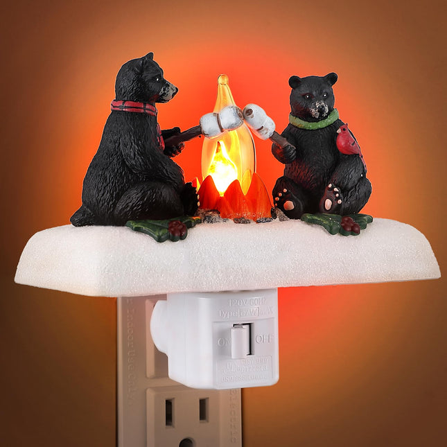 Hiboom Christmas Plug in Night Light, Features 2 Cute Black Bears Roasting Marshmallows by a Flickering Campfire, E12 Base Socket Vintage Christmas Plug in Night Lights for Christmas Decorations
