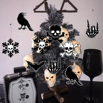 Black Gothic Christmas Tree Decorations with Scary Skull Christmas Tree Skirt, Large Decorative Tree Topper Bow, 12Pcs Tree Hanging Ornaments for Winter Halloween Xmas Tree Decor