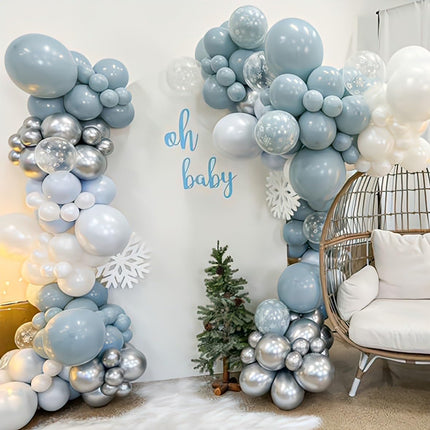 Christmas Snowflake Balloon Arch Garland Kit 148pcs Dusty Blue Silver with Snowflake Foil Balloon, 3D Hanging Snowflake Pendant for Girls Snow Princess Birthday Winter Wonderland Party Decorations