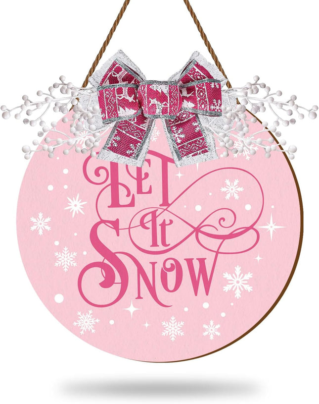 Whaline Christmas Welcome Sign Pink Let It Snow Wooden Hanging Sign Xmas Winter Snowflake Door Wreath Decor with Bow Berries for Indoor Outdoor Home Farmhouse Porch Wall Window Decor