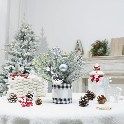 SY Super Bang Small Buffalo Check Plaid Christmas Tree, Artificial Mini Tabletop Christmas Tree Decorations with Silver Ornaments, for Home Holiday Indoor Party Xmas Decor.