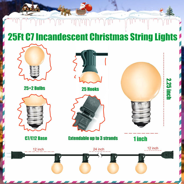 25Ft G40 Frosted White String Lights, Outdoor Globe String Lights with 27 White Frosted Globe Bulbs (2 Spare), Hanging Outdoor Christmas Lights for Patio House Room Bistro Pergola Christmas Decor