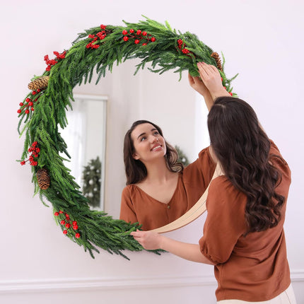 60" Norfolk Pine Garland Faux Red Berries and Pine Cones Garland Pre Lit Artificial Norfolk Pine Garland with Warm White LED Lights for Xmas Holiday Wedding Party Outdoor Decorations