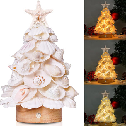 Sea Shells Christmas Tree Handmade Crafts Tabletop Shells Christmas Tree with LED Light, for Christmas & Beach Decoration, Party Birthday , Home Decor, Figurines Christmas Tree
