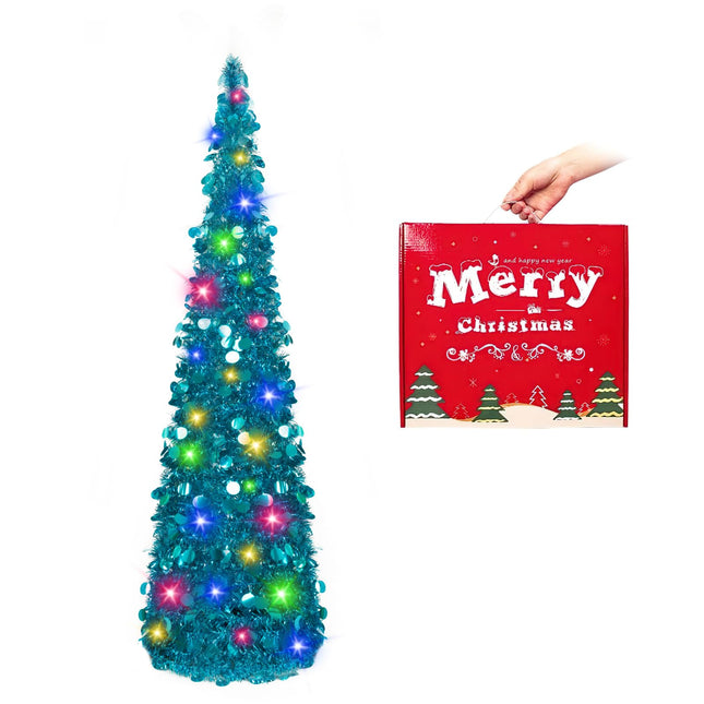 N&T NIETING Christmas Tree with Lights, 5ft Collapsible Pop Up Blue Tinsel Christmas Tree Coastal Christmas Tree for Holiday Xmas Decorations, Home Display, Office Decor