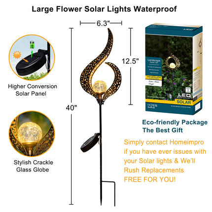 HOMEIMPRO Outdoor Garden Solar Lights Stake Lights, Crackle Glass Globe,Metal Flower Waterproof LED Fairy Lights for Pathway,Lawn,Patio or Courtyard,Gardening (Bronze)