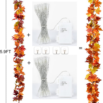 DearHouse 2 Pack Fall Maple Garland, 5.9Ft/Piece Hanging Vine Garland with 2Pcs 7.5 ft 20 Led String Light, Artificial Autumn Maple Leaf Garland Thanksgiving Decor for Home Wedding Fireplace Party