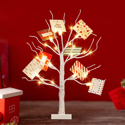PEIDUO Christmas Decorations, 22 Inch Card Tree Holder with 8 Clips and 8 Christmas Cards, Lighted Tabletop Money Tree, for Christmas,Birthday Wedding,Battery Powered, 6H/18H Timer (White)
