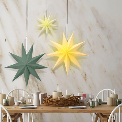Riakrum 10 Set Christmas 3D Paper Star Lantern Sage Green Hanging Paper Lanterns Lampshade 24 Inch 12 Inch 9 Pointed Paper Star Lantern with Light String for Xmas Wedding Birthday Party Decor