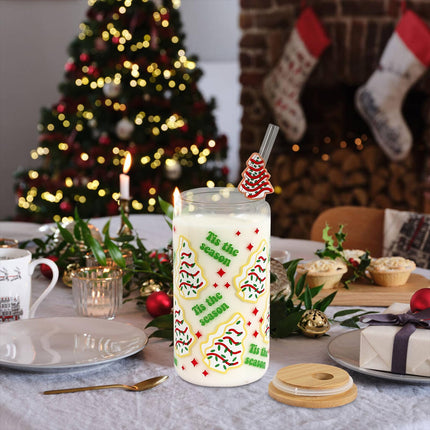 Christmas Iced Coffee Cup, Practical Birthday , 18oz Christmas Cake Tree Tumbler Can Glass, Reusable Beer Can Drinking Glass for Christmas Decor
