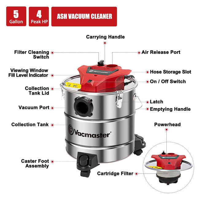 Vacmaster Eav508S 1101 5Gallon 8 Amp Ash Vacuum Cleaner Stainless Steel Tank With Hepa Filter & Hose Accessories, 5 Gal, Red
